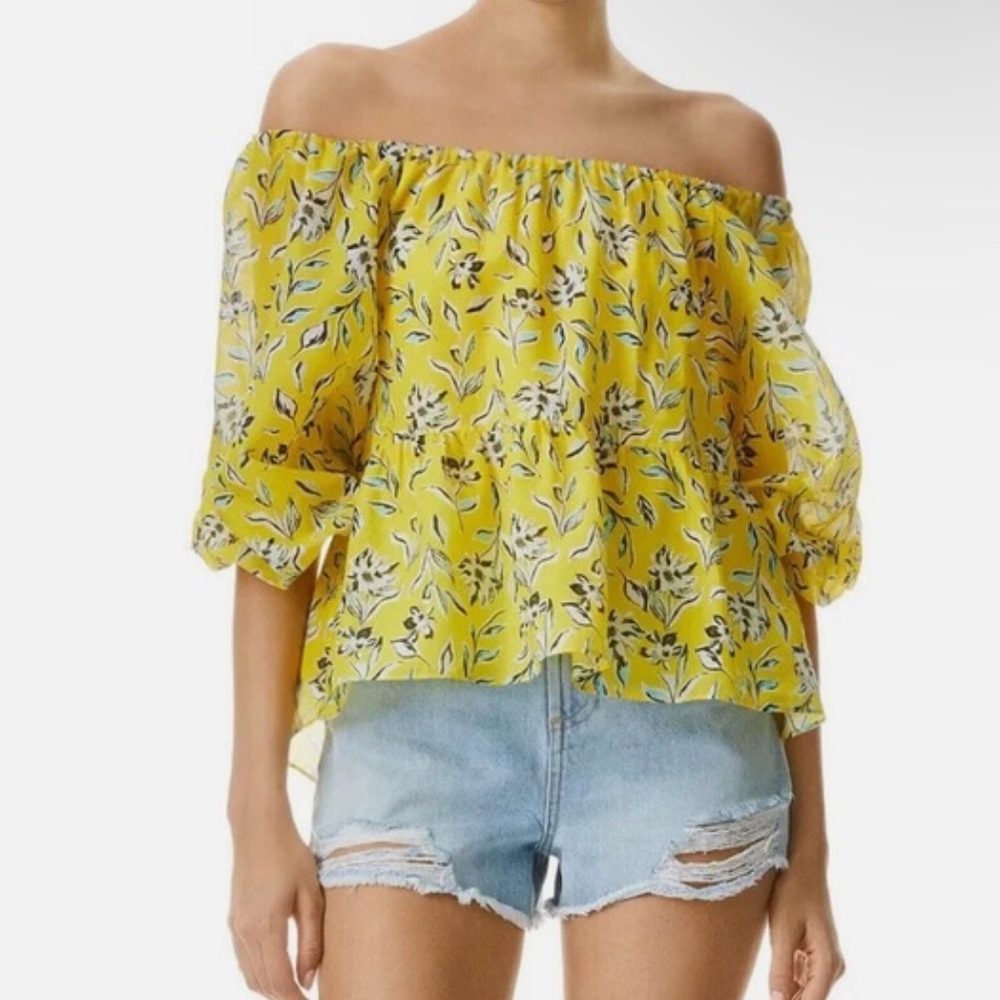 Alice + Olivia | Yellow Silk Alta Floral Off-Shoulder Peasant Top | Sz:S | NWT🏷️